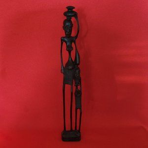 Ebony Wood Carved Figure African Woman Carrying Water Jar on Head Child on Her S
